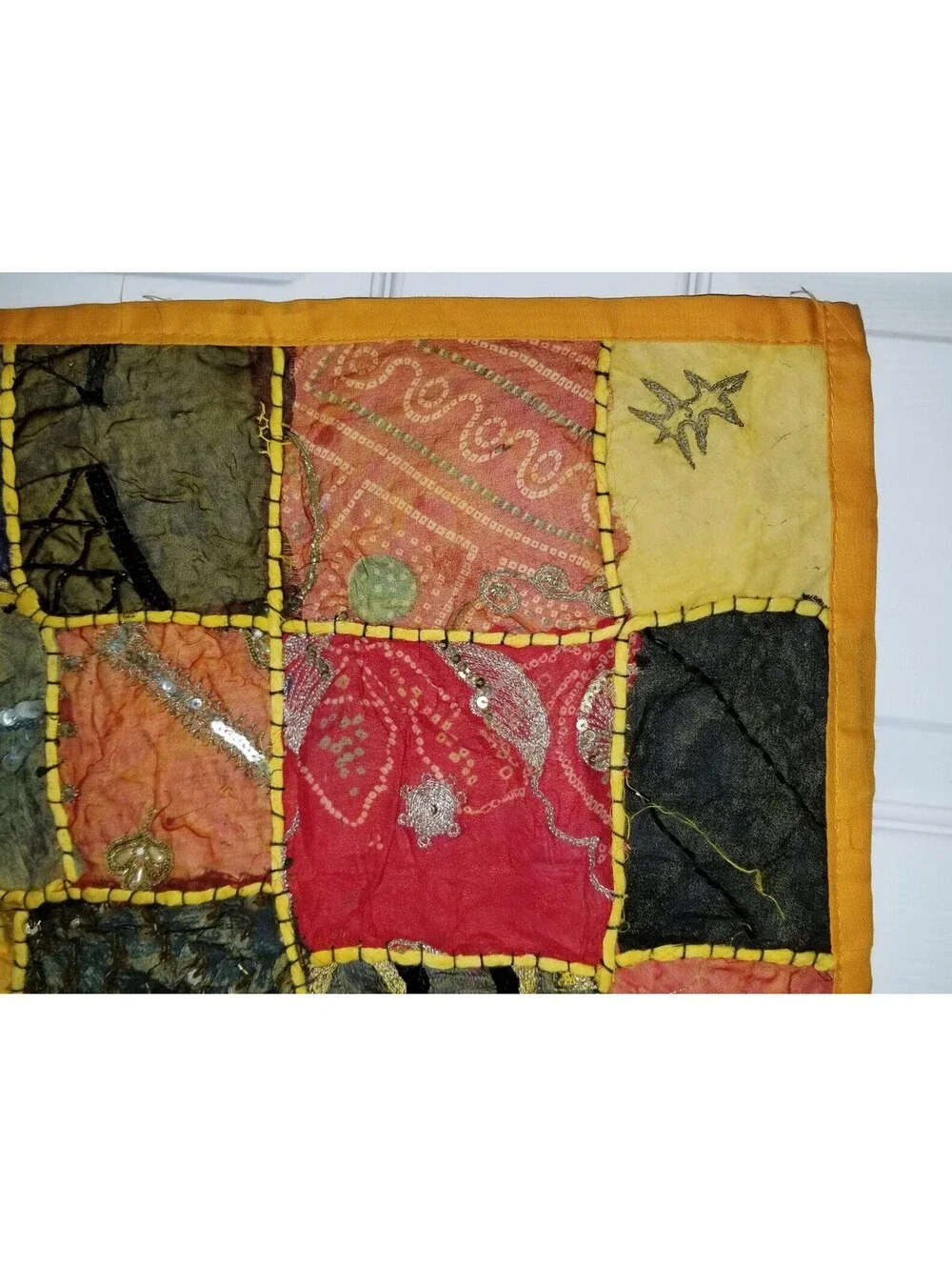 HAND BEADED EMBELLISHED INDIA WALL ART TAPESTRY PATCHWORK SQUARE 16